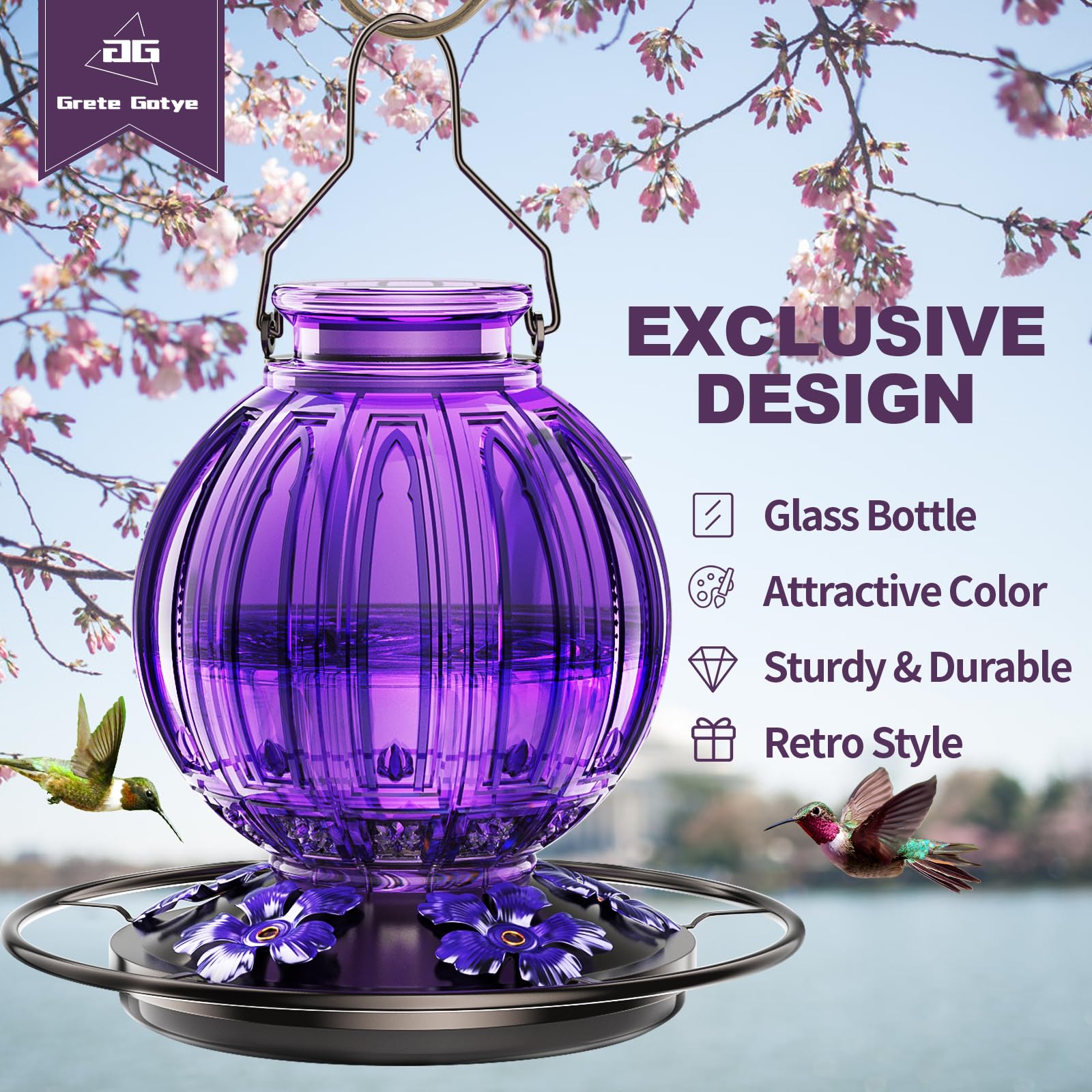 Grete Gotye glass hummingbird feeder in purple ball shape adds color and invites visits