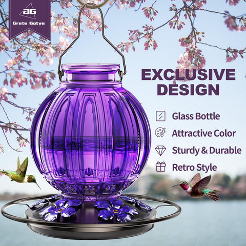 Grete Gotye glass hummingbird feeder in purple ball shape adds color and invites visits