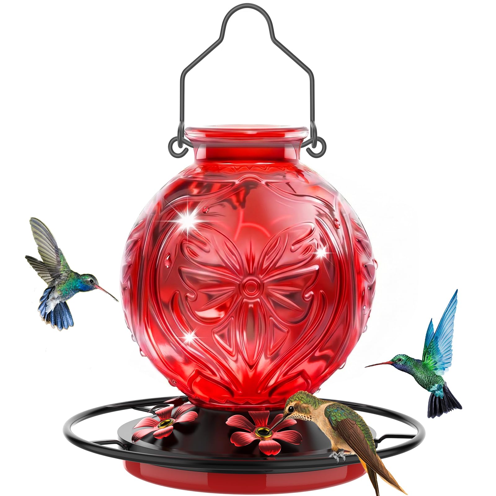Grete Gotye glass hummingbird feeder with red flower ports attracts pollinators in the garden.