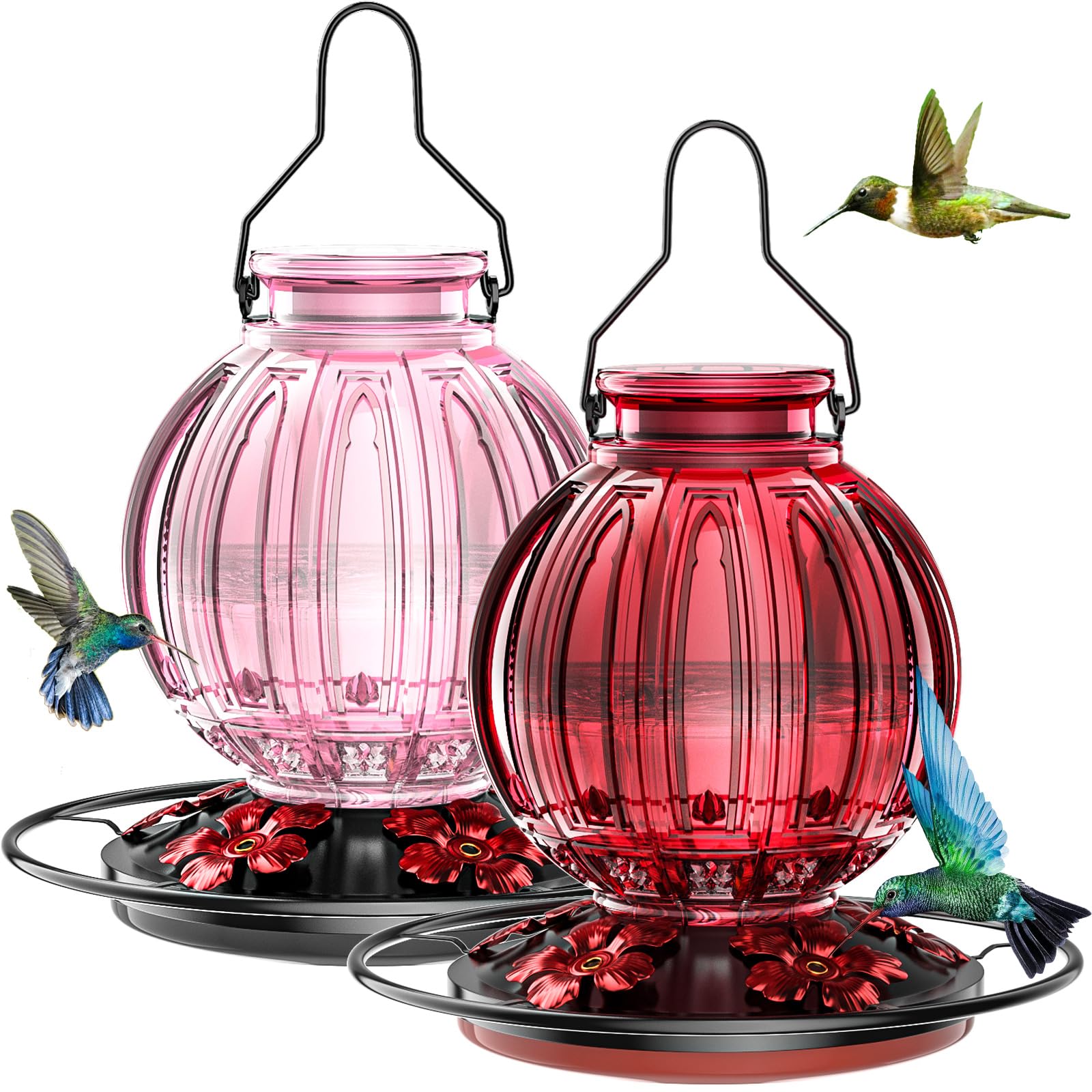 Grete Gotye glass hummingbird feeder in red and pink attracts hummingbirds to your garden.