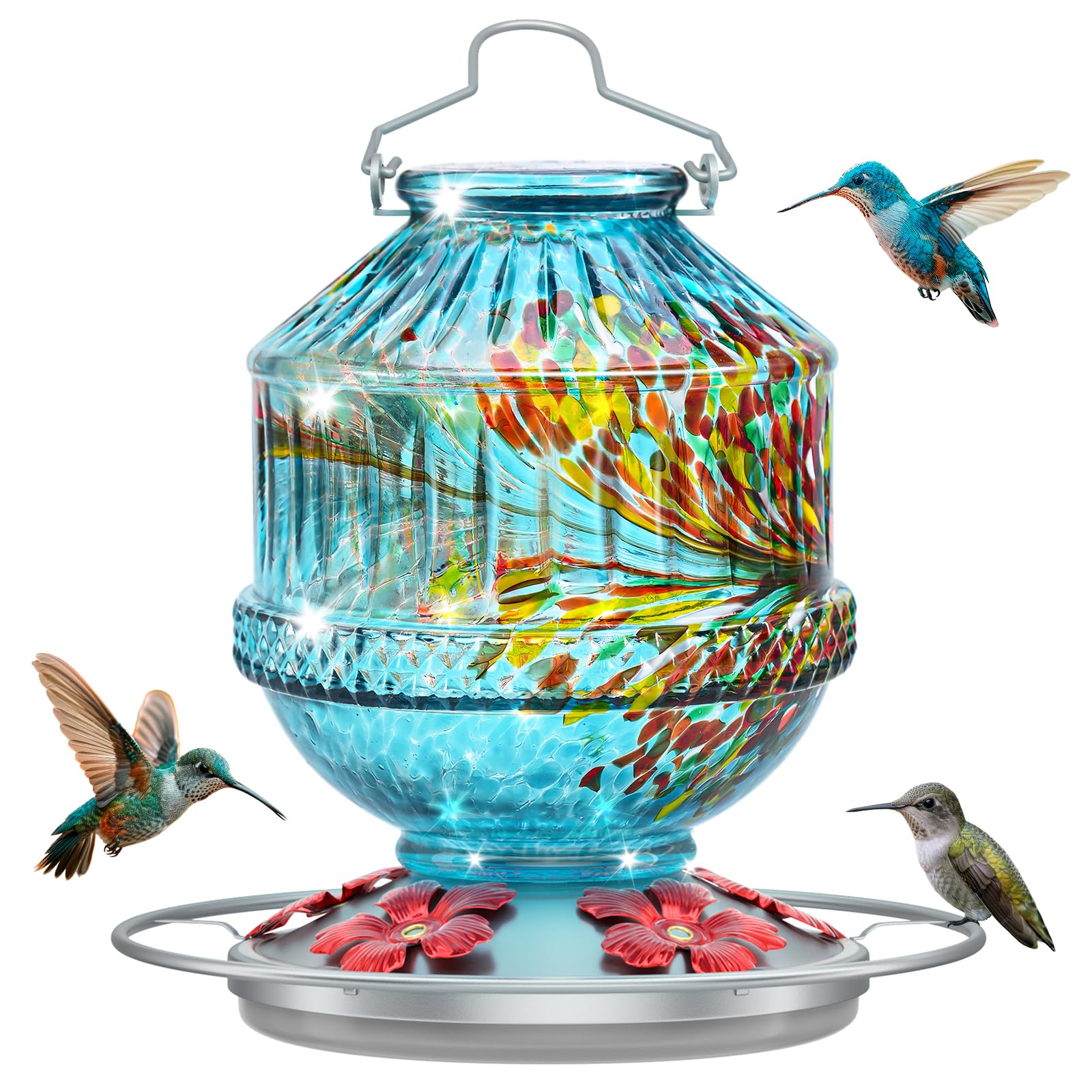 Grete Gotye hand-blown glass hummingbird feeder with 25 oz nectar container for outdoor use.