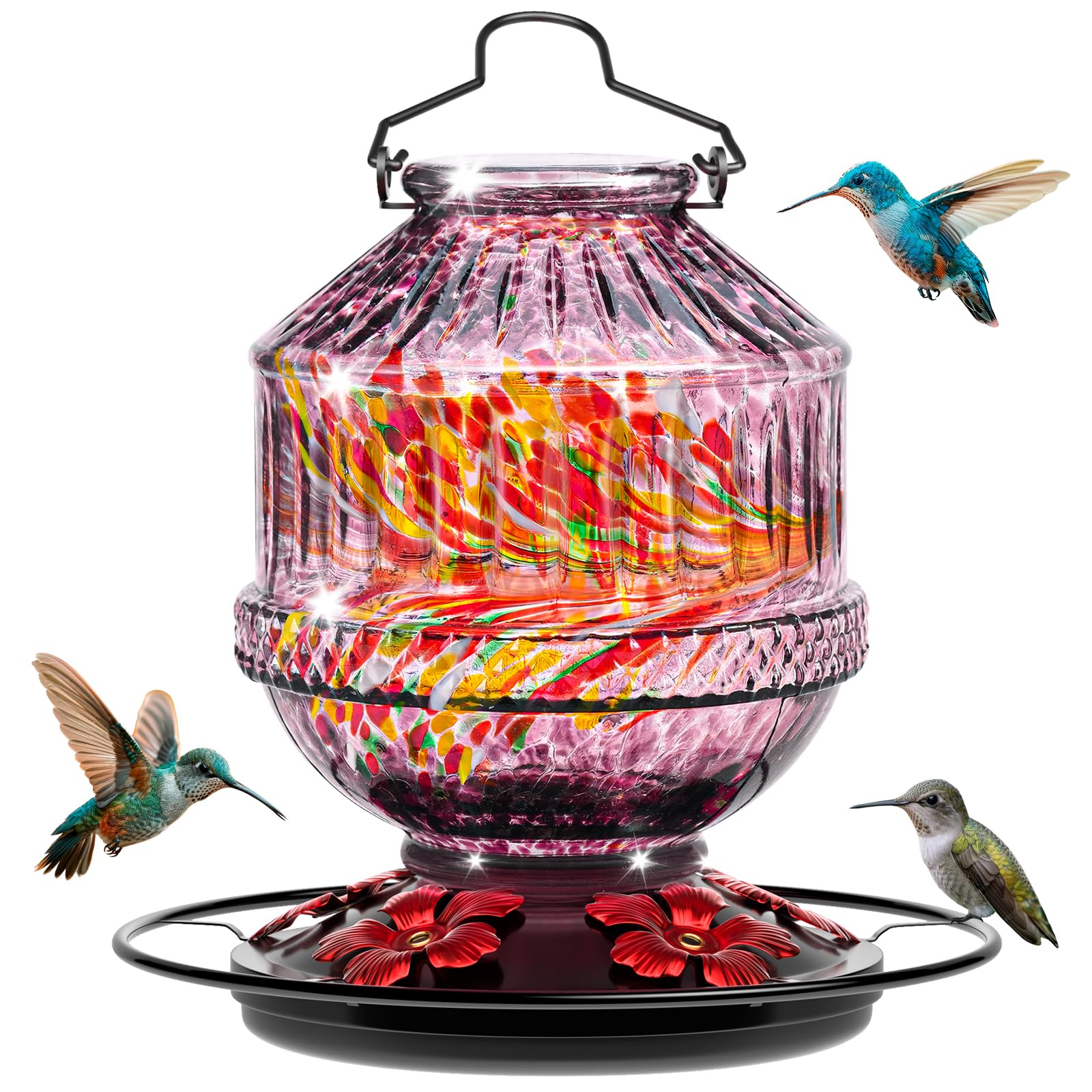 Grete Gotye hand-blown glass hummingbird feeder, purple, durable outdoor decor and 25 oz capacity.