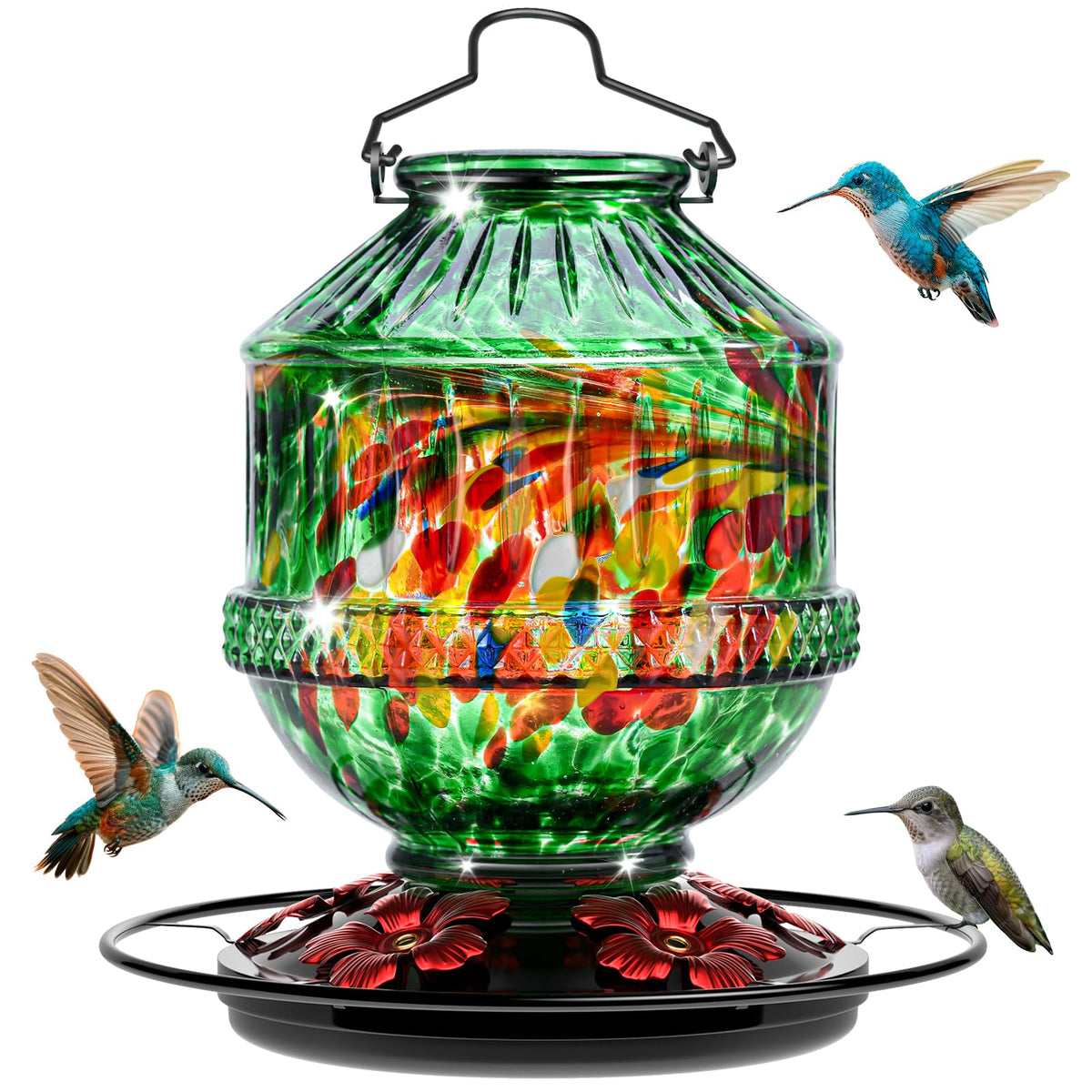 Grete Gotye hand blown glass hummingbird feeder with five flower ports attracts birds outdoors