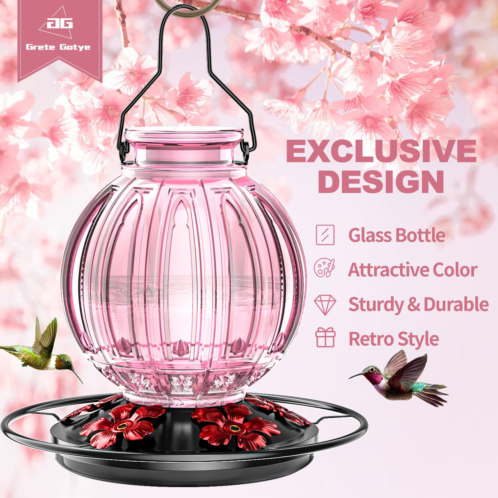 Grete Gotye hanging glass feeder with five ports invites multiple hummingbirds.