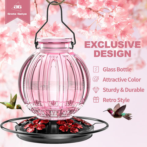 Grete Gotye hanging glass feeder with five ports invites multiple hummingbirds.