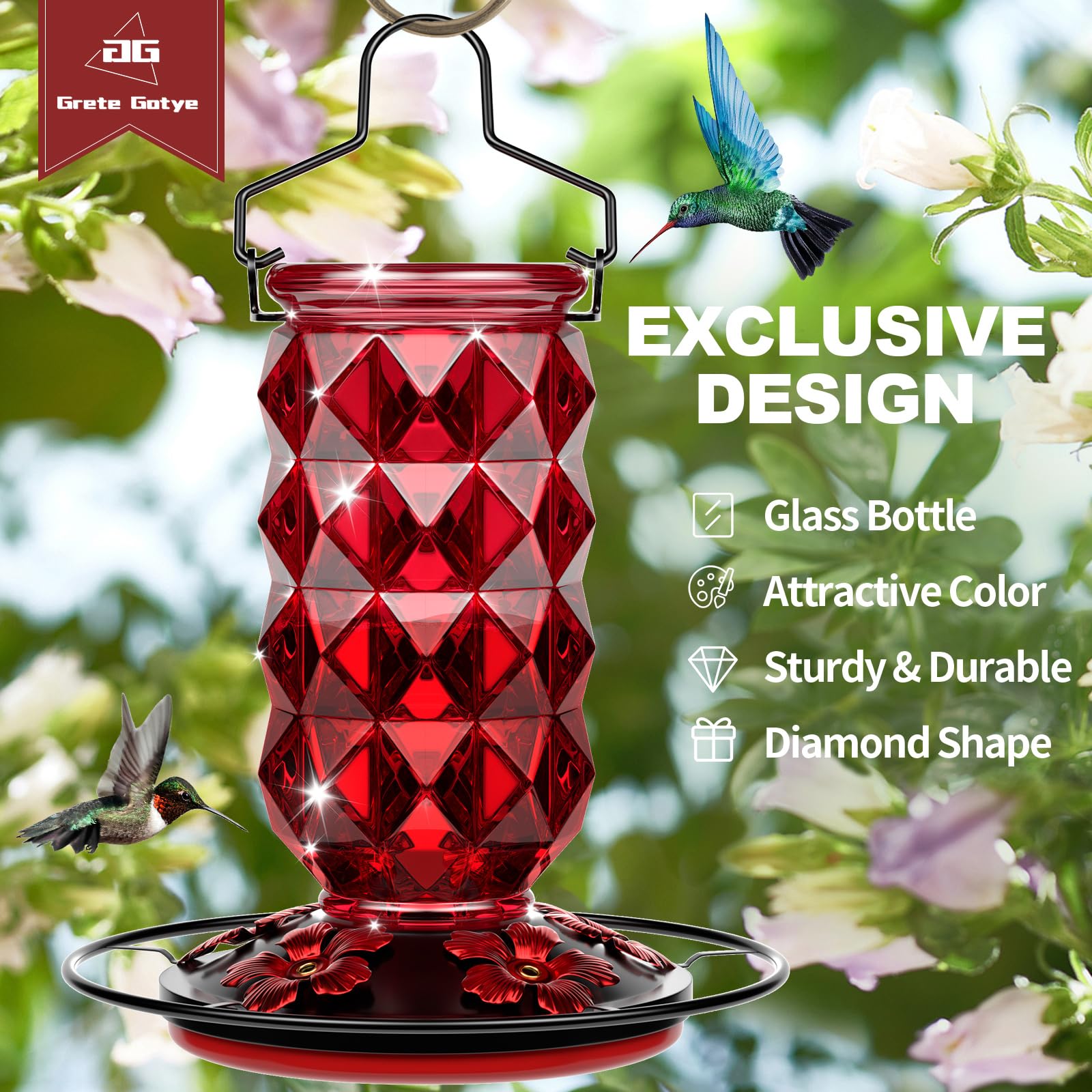 Grete Gotye hanging feeder features a wide mouth for quick filling and cleaning.