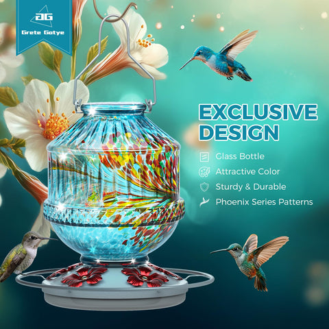 Grete Gotye hummingbird feeder with 5 flower ports attracts multiple birds.