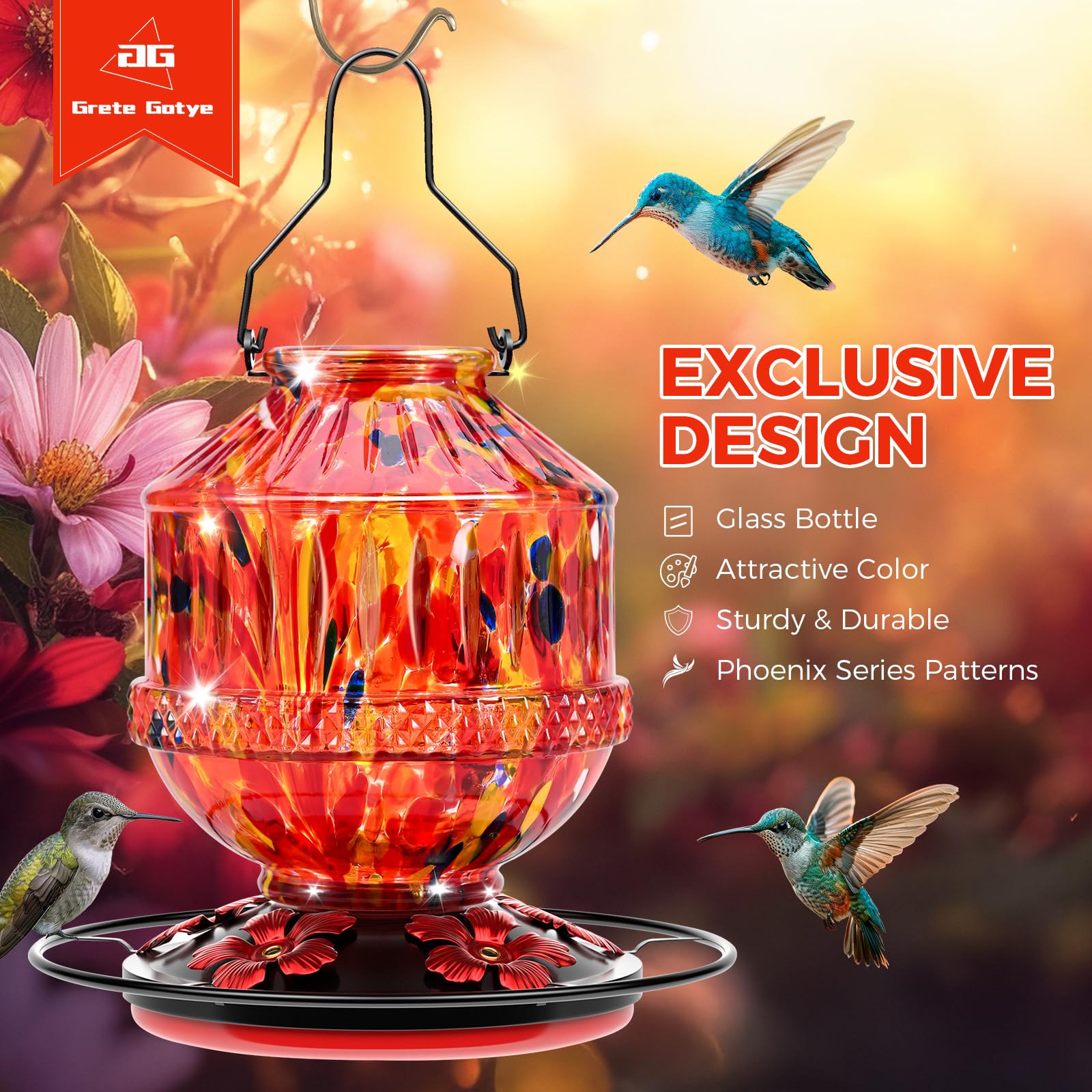 Grete Gotye 5-flower-port hummingbird feeder supports multiple birds at once