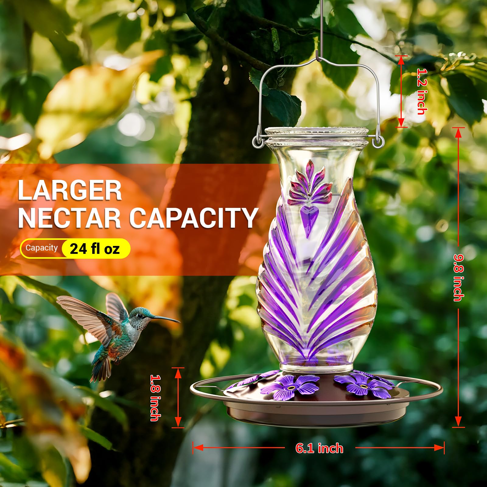 Grete Gotye feeder with perch design supports multiple hummingbirds at once.