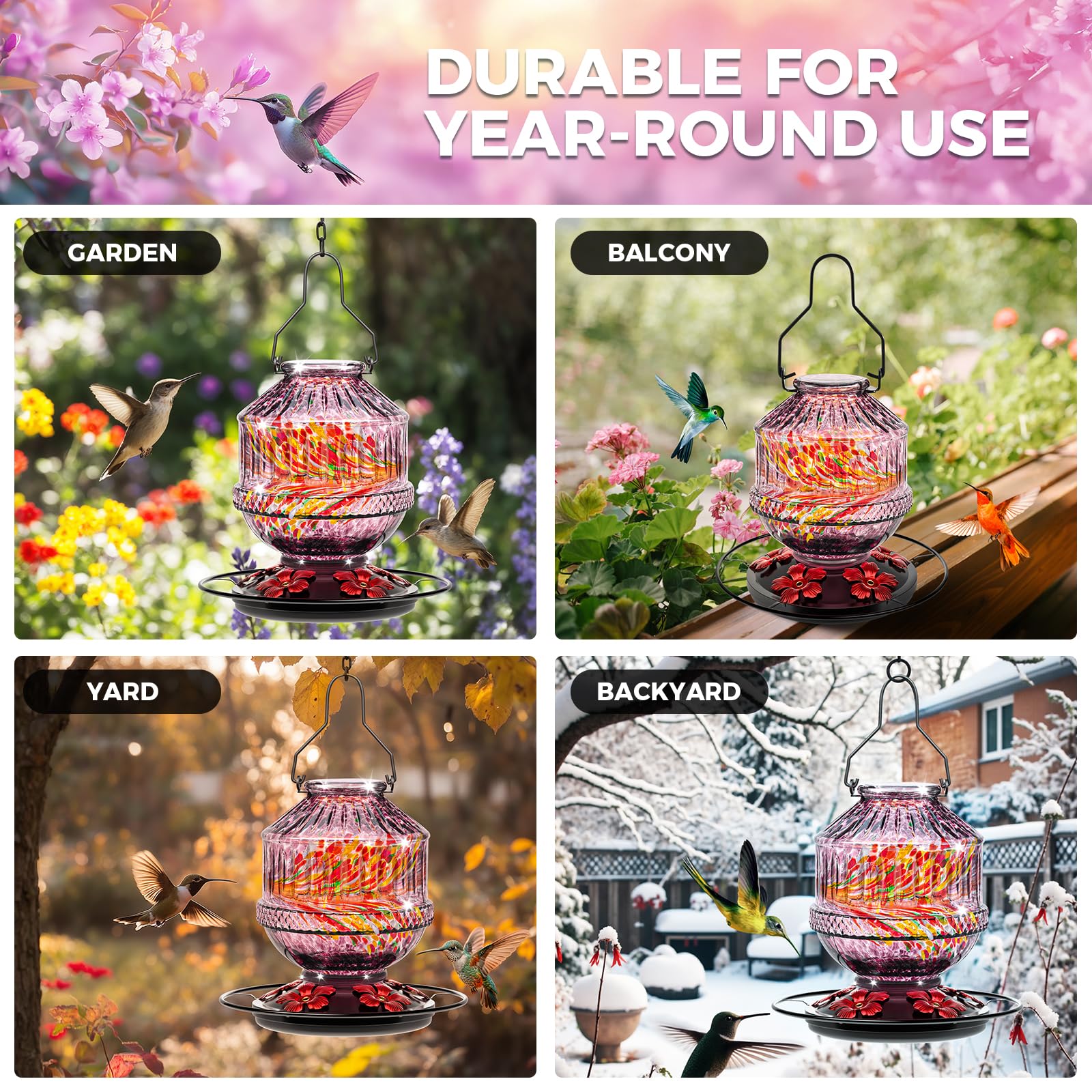 Grete Gotye outdoor-friendly hummingbird feeder enhancing garden or patio decor.