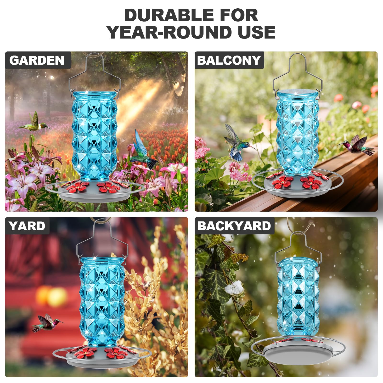 Grete Gotye outdoor glass feeder doubles as year-round garden decor.