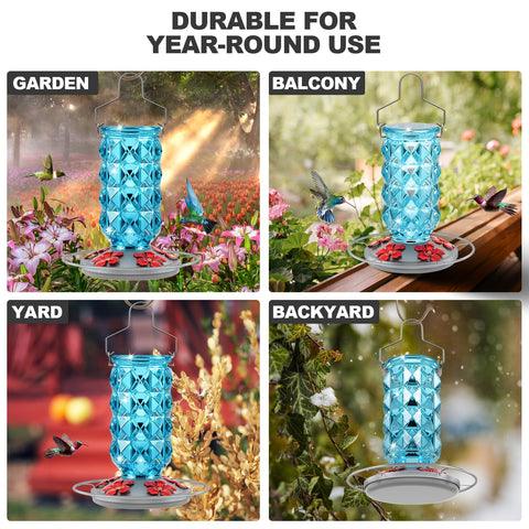 Grete Gotye outdoor glass feeder doubles as year-round garden decor.