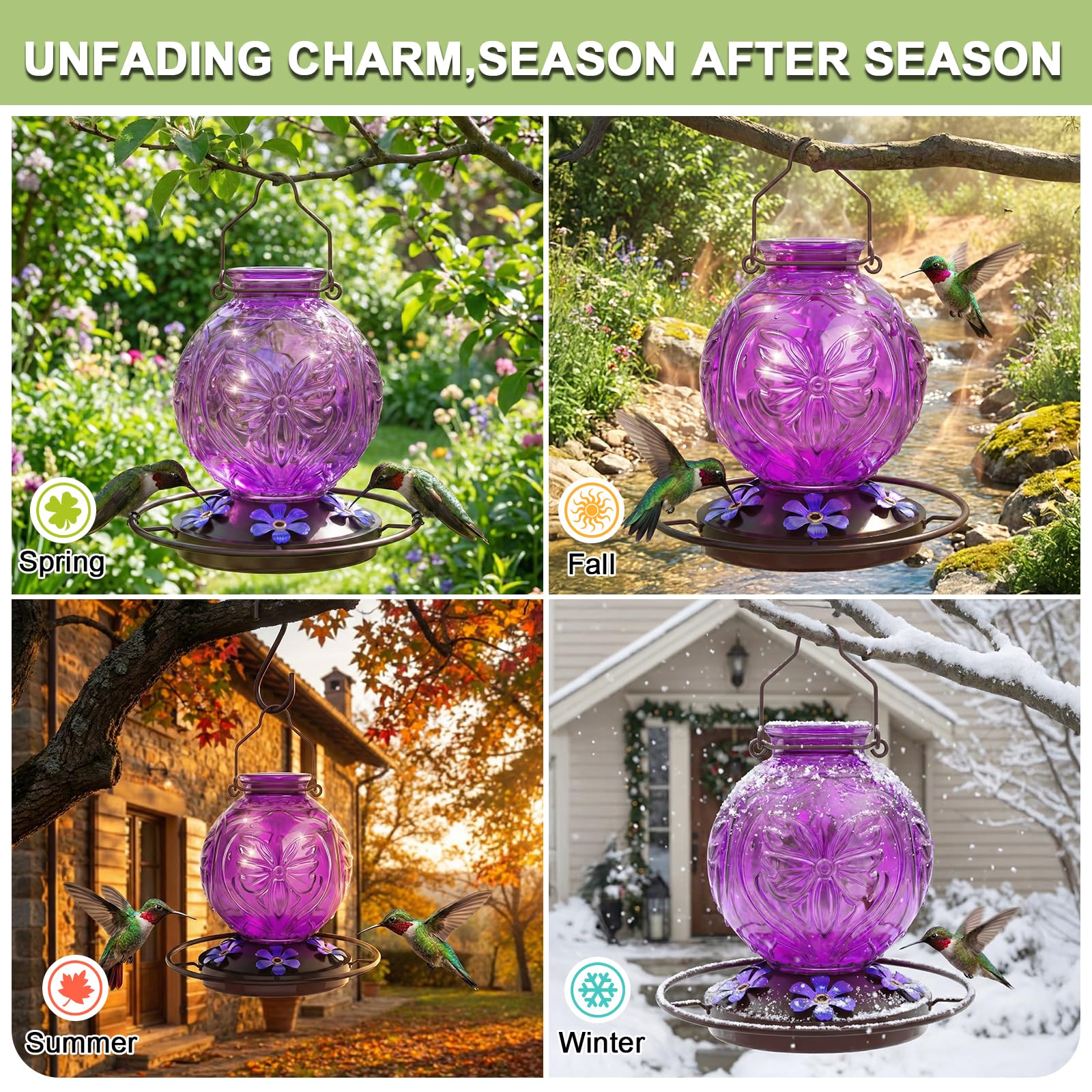 Grete Gotye purple outdoor hummingbird feeder enhancing garden decor
