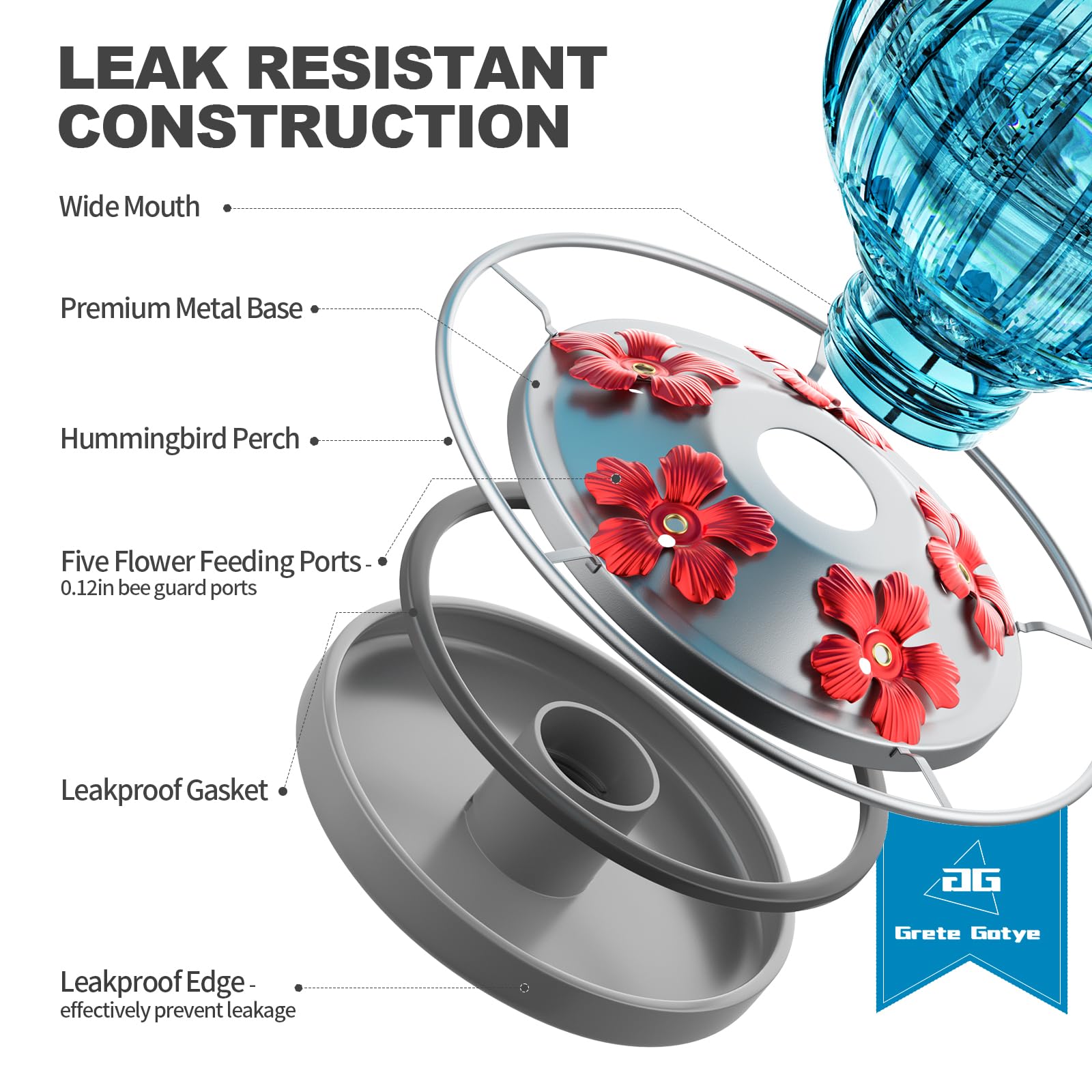 Grete Gotye glass feeder is leak-proof for wind and garden setups.