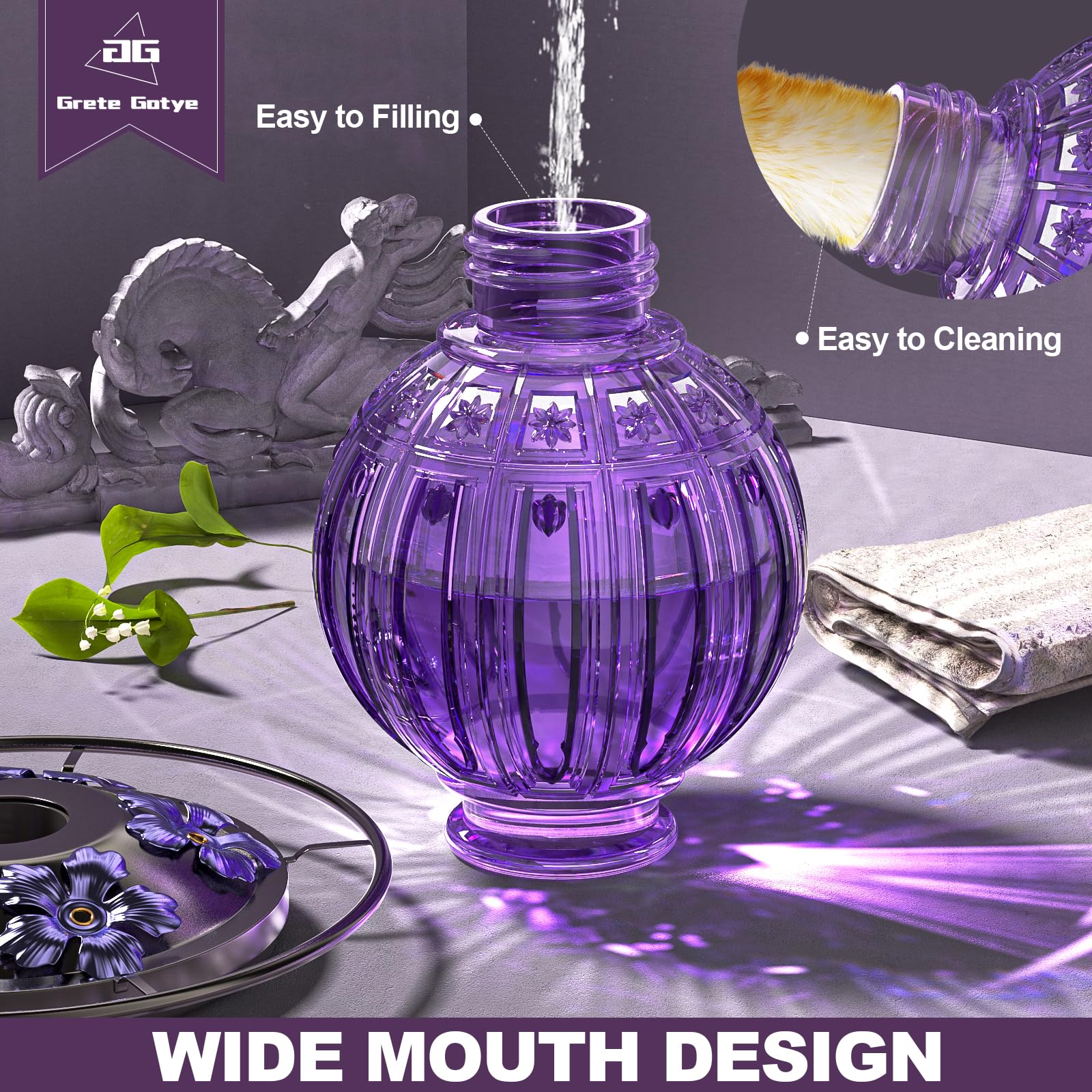 Grete Gotye purple glass hummingbird feeder enhances any patio