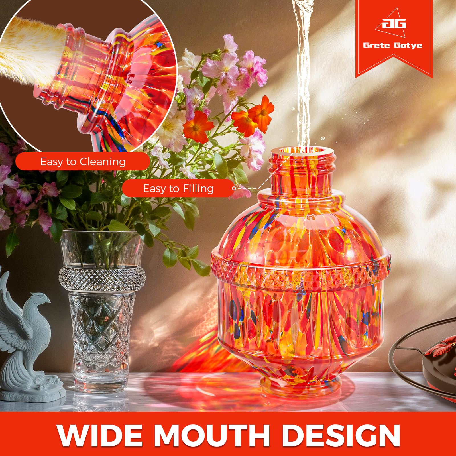 Grete Gotye wide-mouth glass feeder is easy to fill and clean