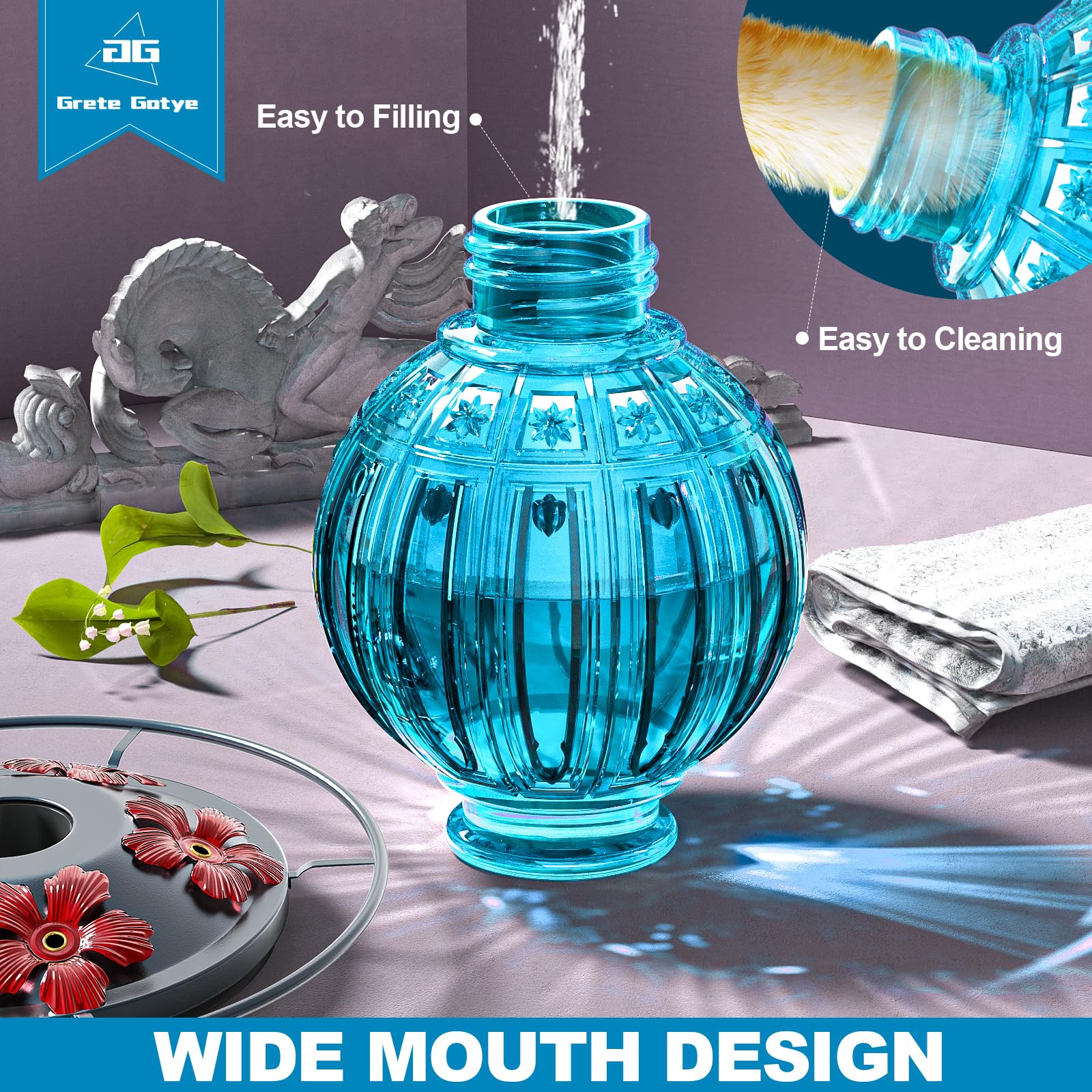 Grete Gotye wide-mouth glass feeder easy to refill and clean.