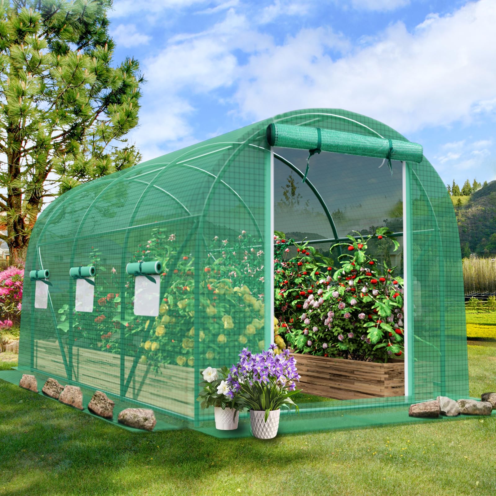 Grezone walk-in greenhouse frame shows a sturdy powder-coated steel structure for durability.