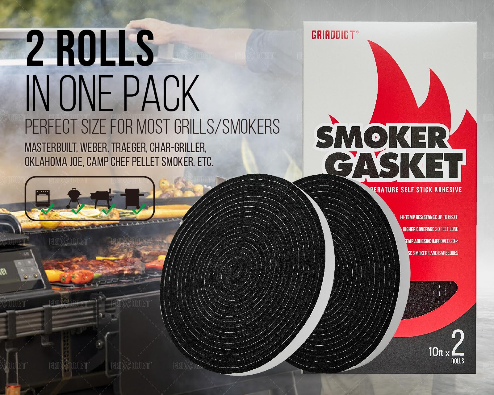 GriAddict high-temp felt seal withstands up to 625°F for consistent cooking