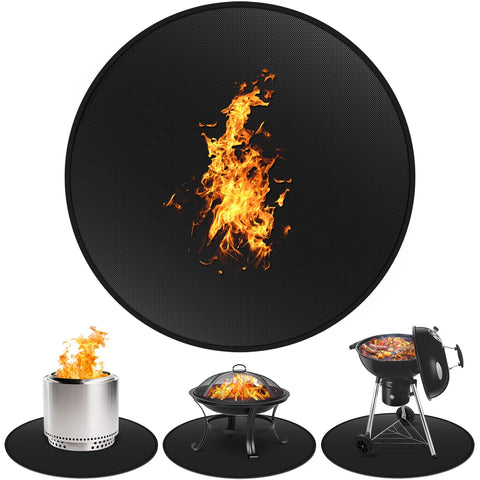 GRIBUDDY 39-inch round fire pit mat on a wooden deck protecting against sparks and heat