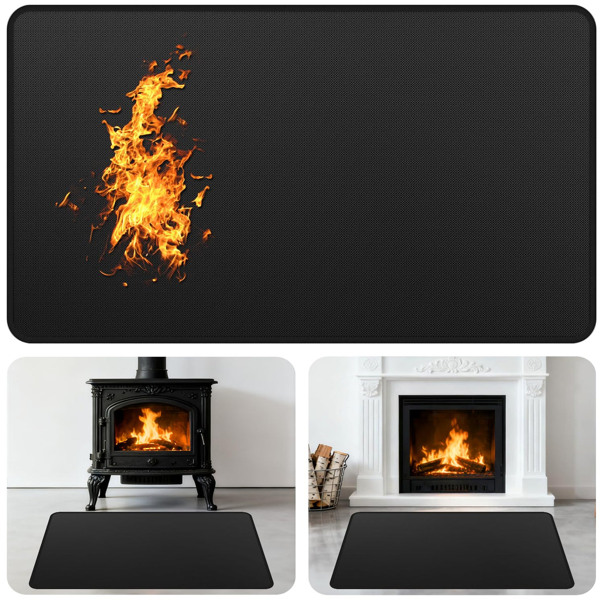 GRIBUDDY fireplace mat in hero view protects hearth from sparks.