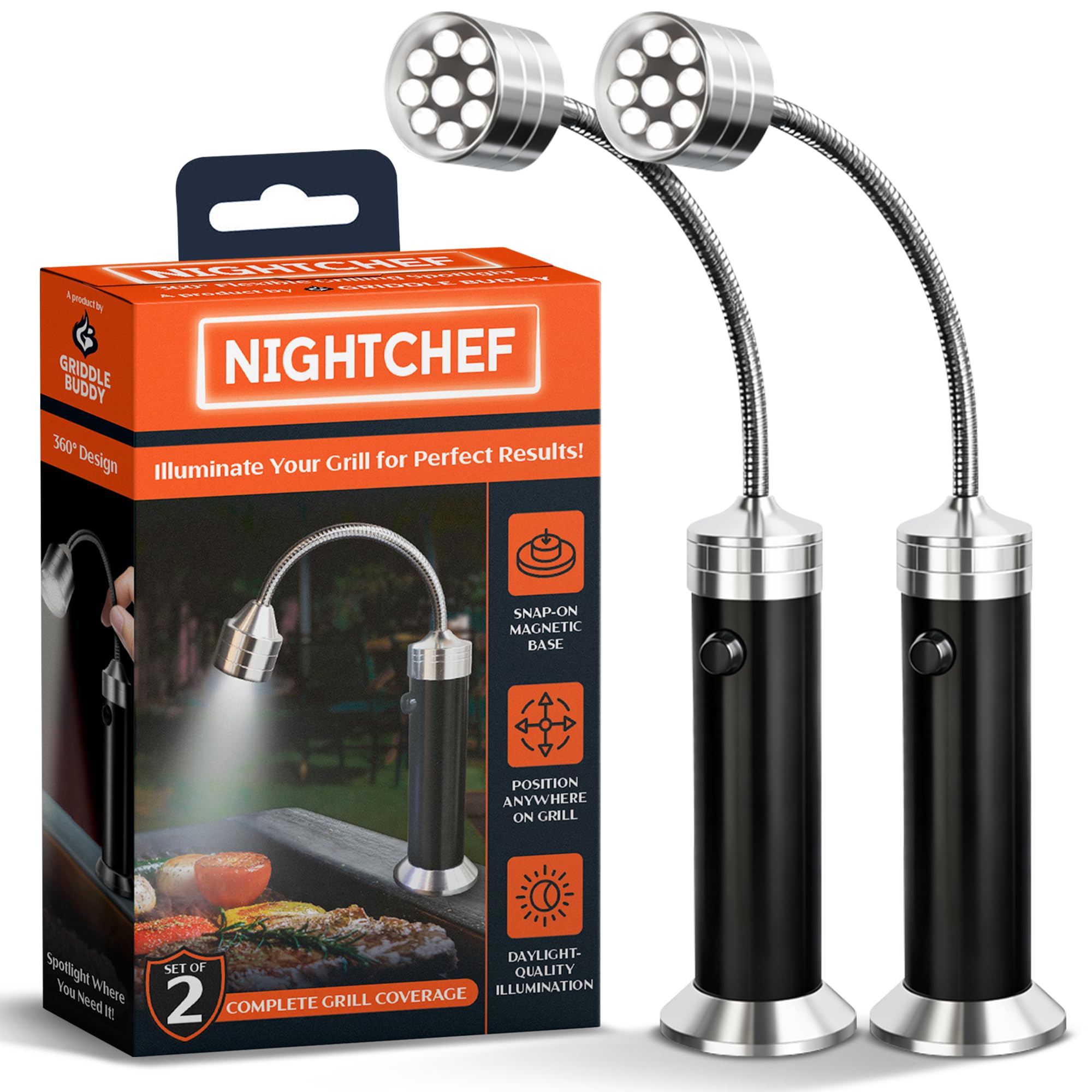 Griddle Buddy Night Chef ultra-bright LED light illuminates the grill for precise checks.