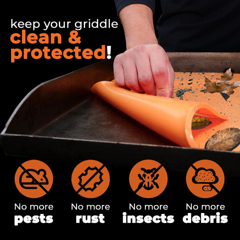 Griddle Buddy mat for 30-inch griddle shields surface from dirt and pests.
