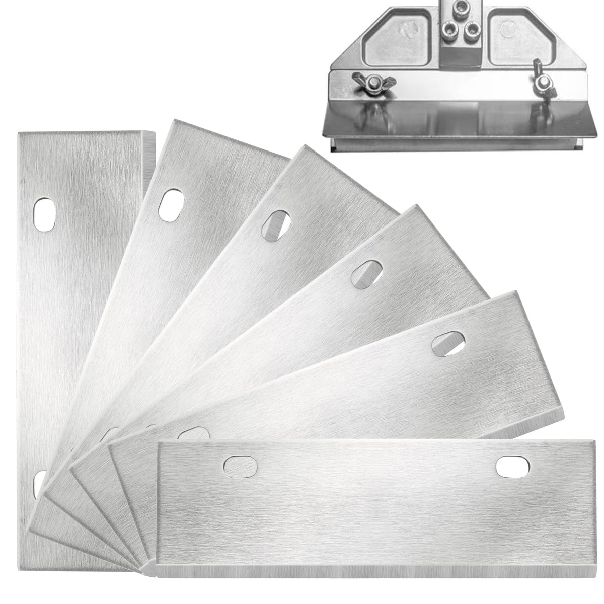 6-inch stainless steel griddle scraper blades in front view for heavy-duty residue removal