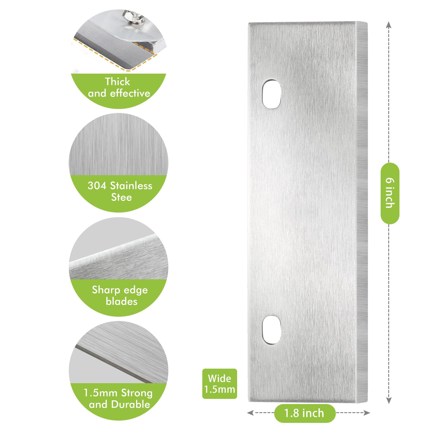 Top-down view shows rust-resistant, long-lasting griddle scraper blades for durable cleaning