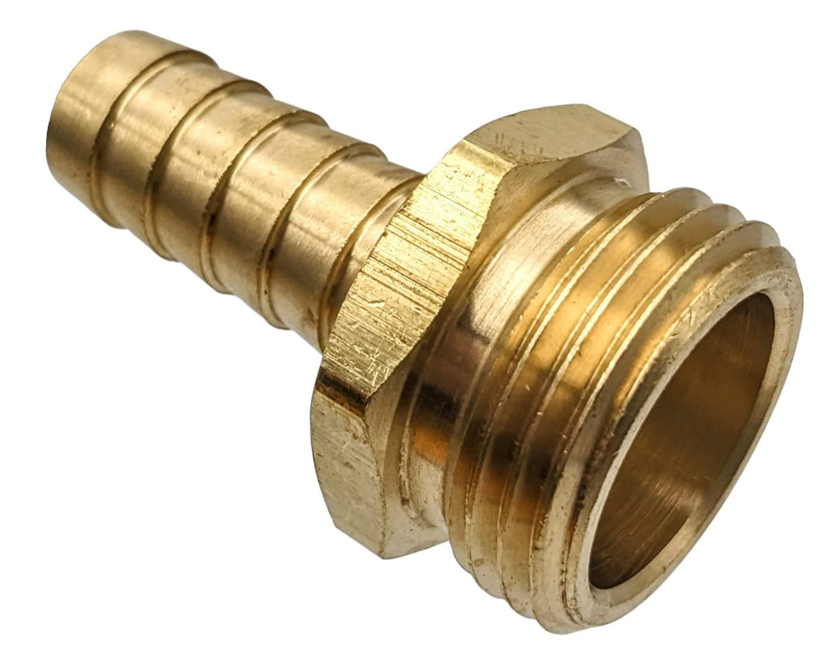 GRIDTECH brass garden hose adapter showing barb connection for a secure outdoor fit.