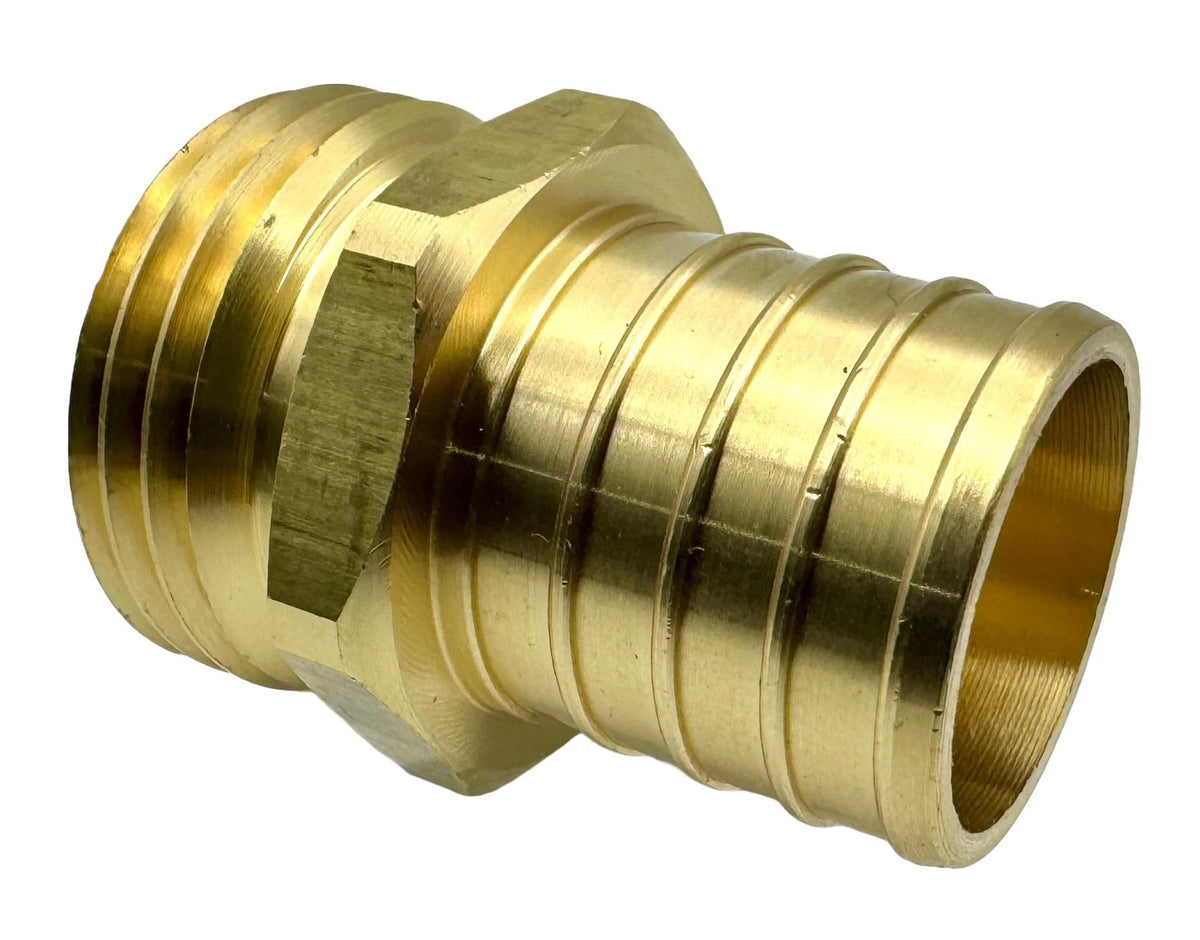 GRIDTECH brass garden hose adapter shows solid brass construction for durable outdoor use.