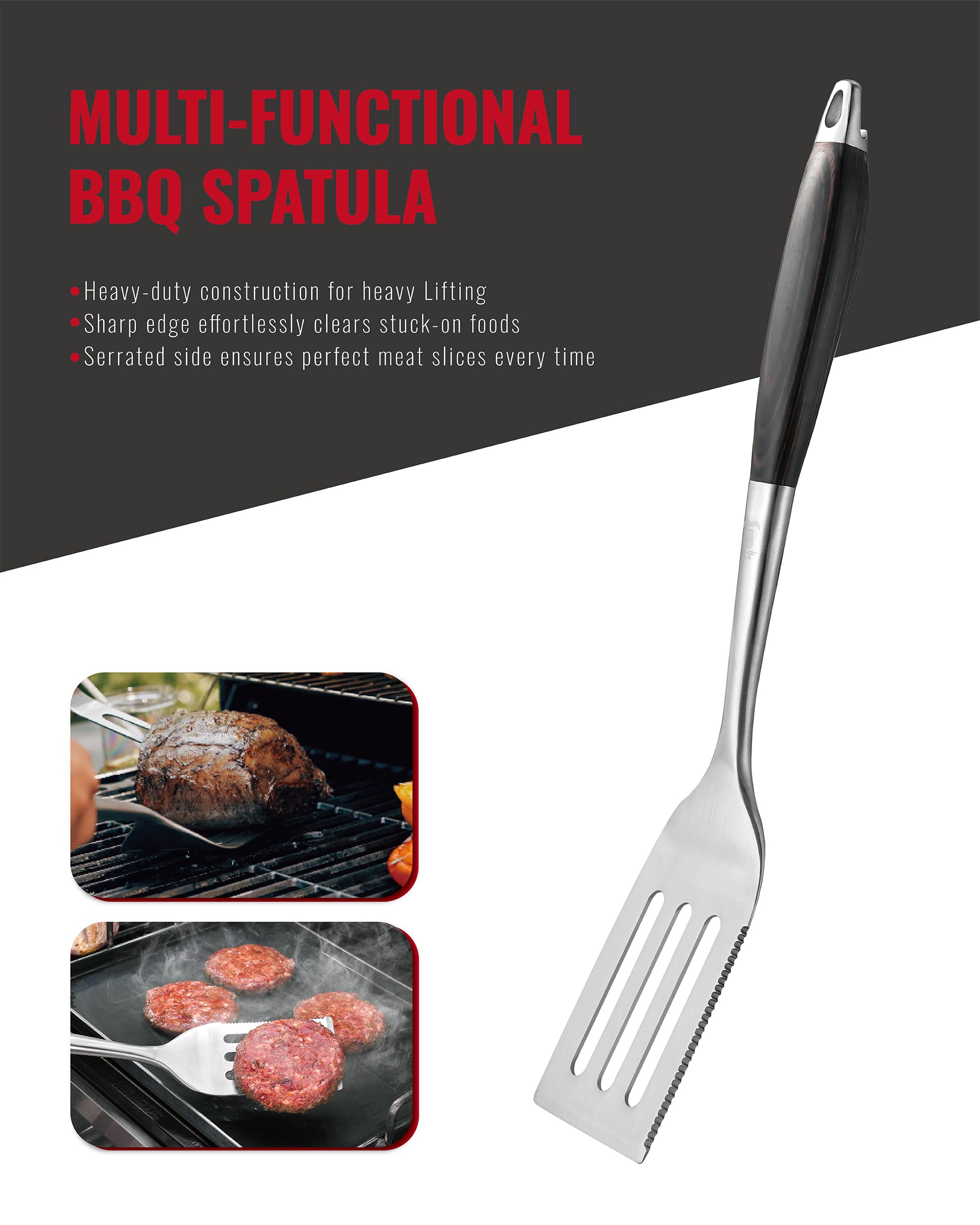 GRILAZ spatula serrated edge for slicing and flipping control.
