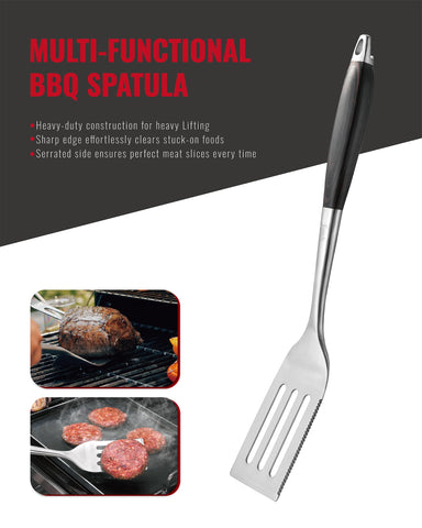 GRILAZ spatula serrated edge for slicing and flipping control.