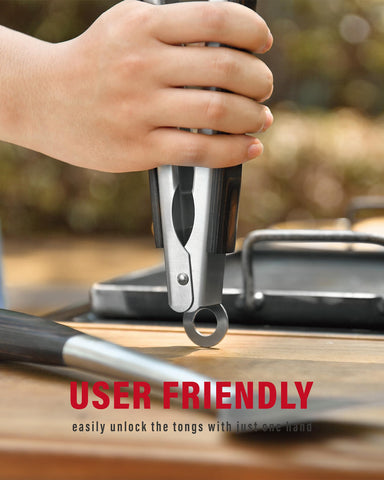 GRILAZ tongs with lockable design for one-handed operation.