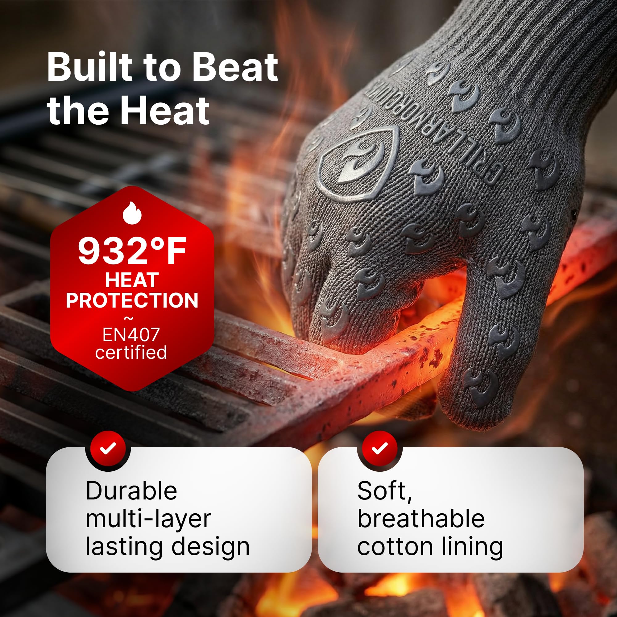 Grill Armor Gloves interior cotton lining provides cool comfort during long cooks.