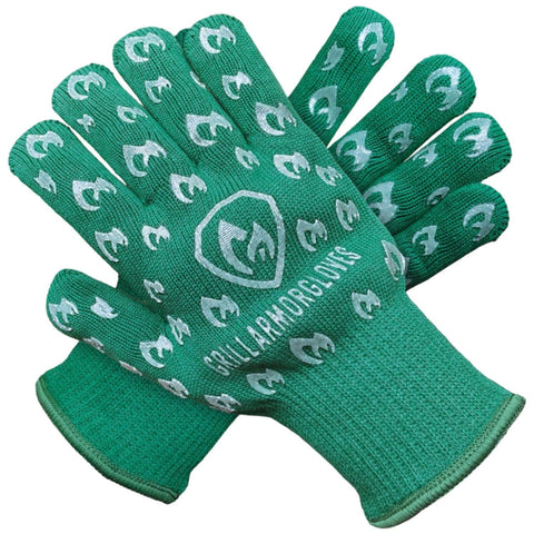 Grill Armor Gloves in action handling hot grills with 932°F heat protection.
