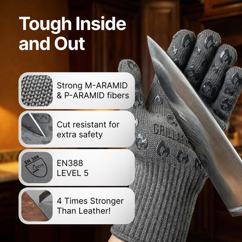 Grill Armor Gloves showing textured silicone grip for secure lifting of hot pans.