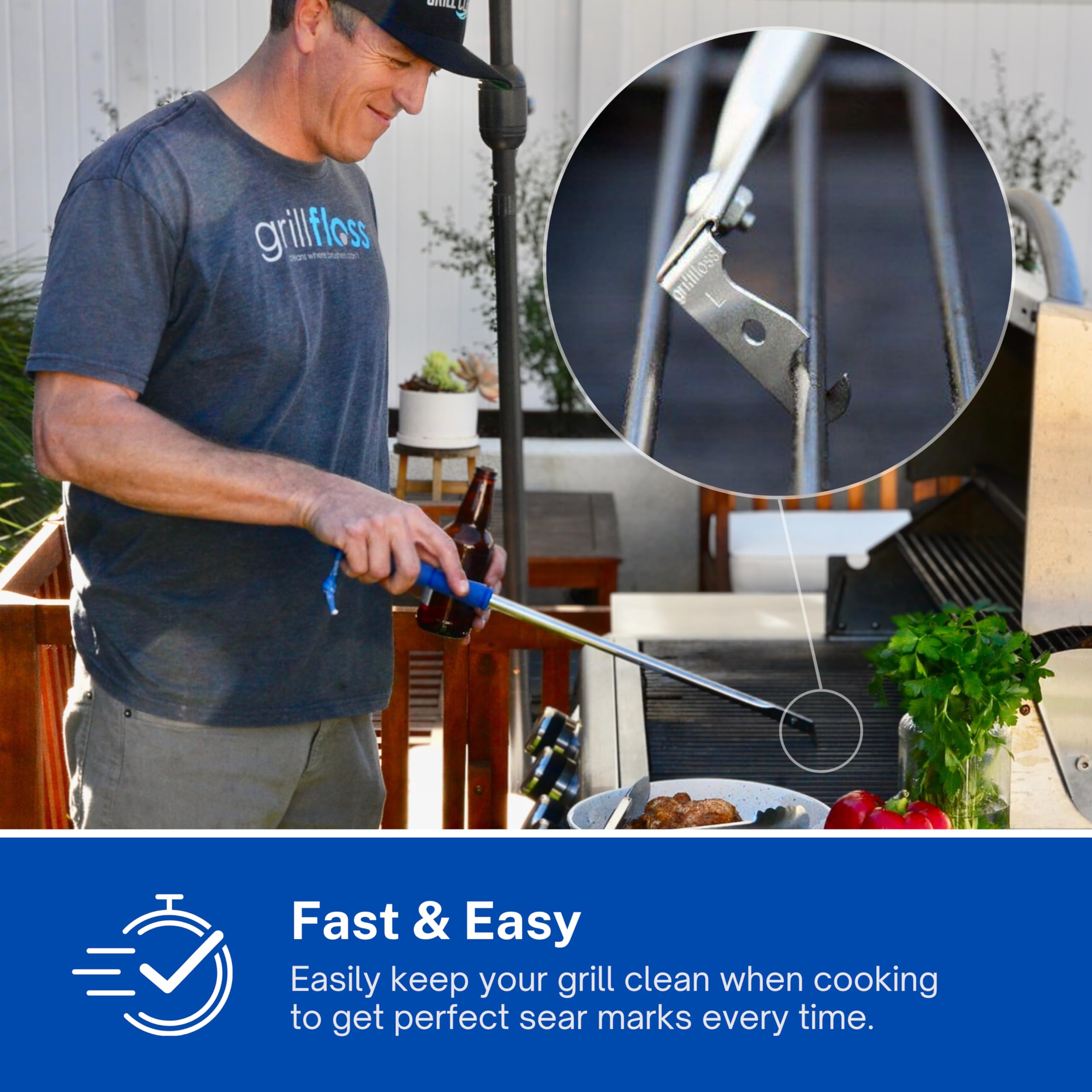 Grill Floss Round Grate Cleaning Underneath reaches between round rods