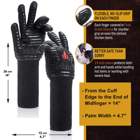 Grill Heat Aid machine-washable gloves for easy cleanup after cooking.