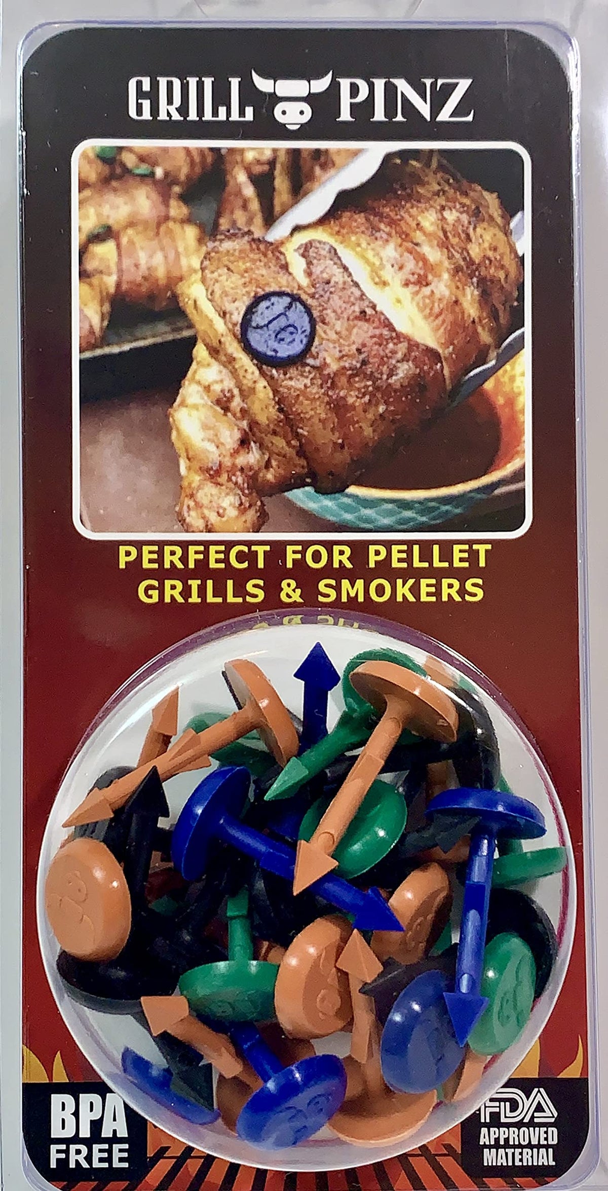 GRILL PINZ bacon-wrap clips secure bacon-wrapped hot dogs for even grilling.