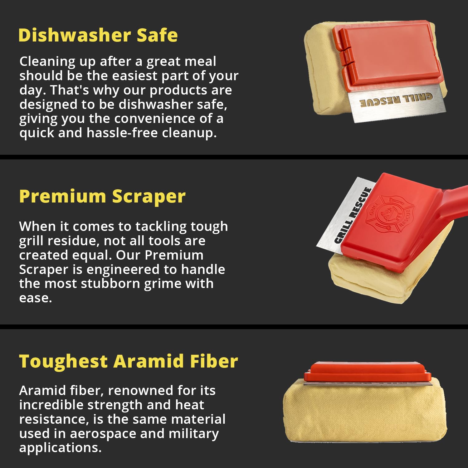 Grill Rescue head withstands up to 600°F for tough residue removal.