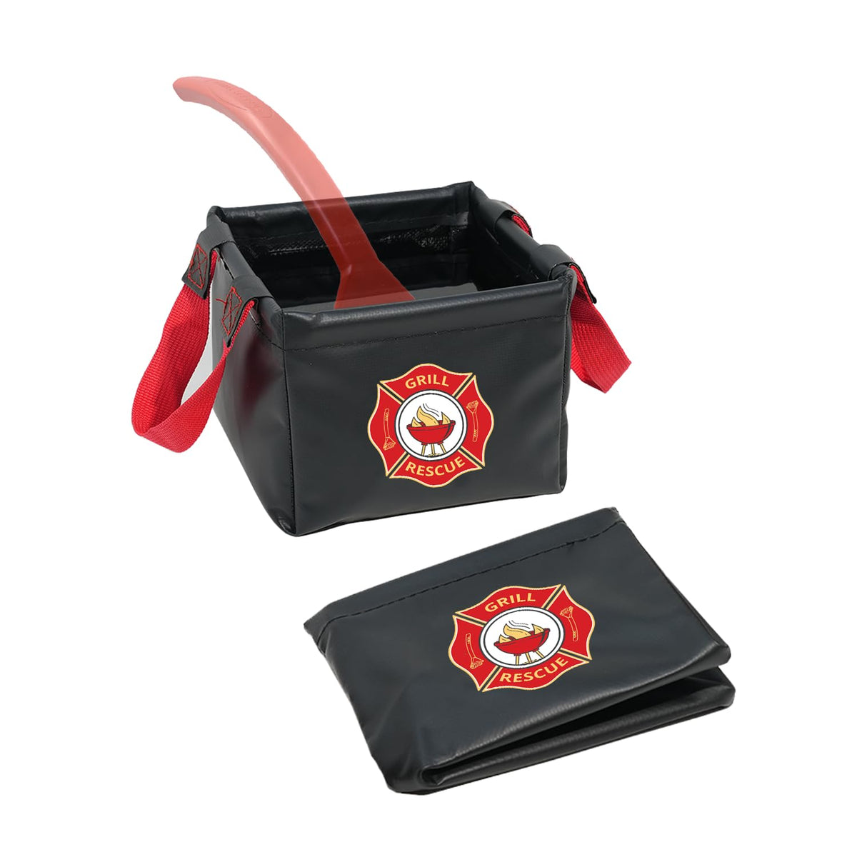 Grill Rescue collapsible bucket folded for compact storage and travel convenience.