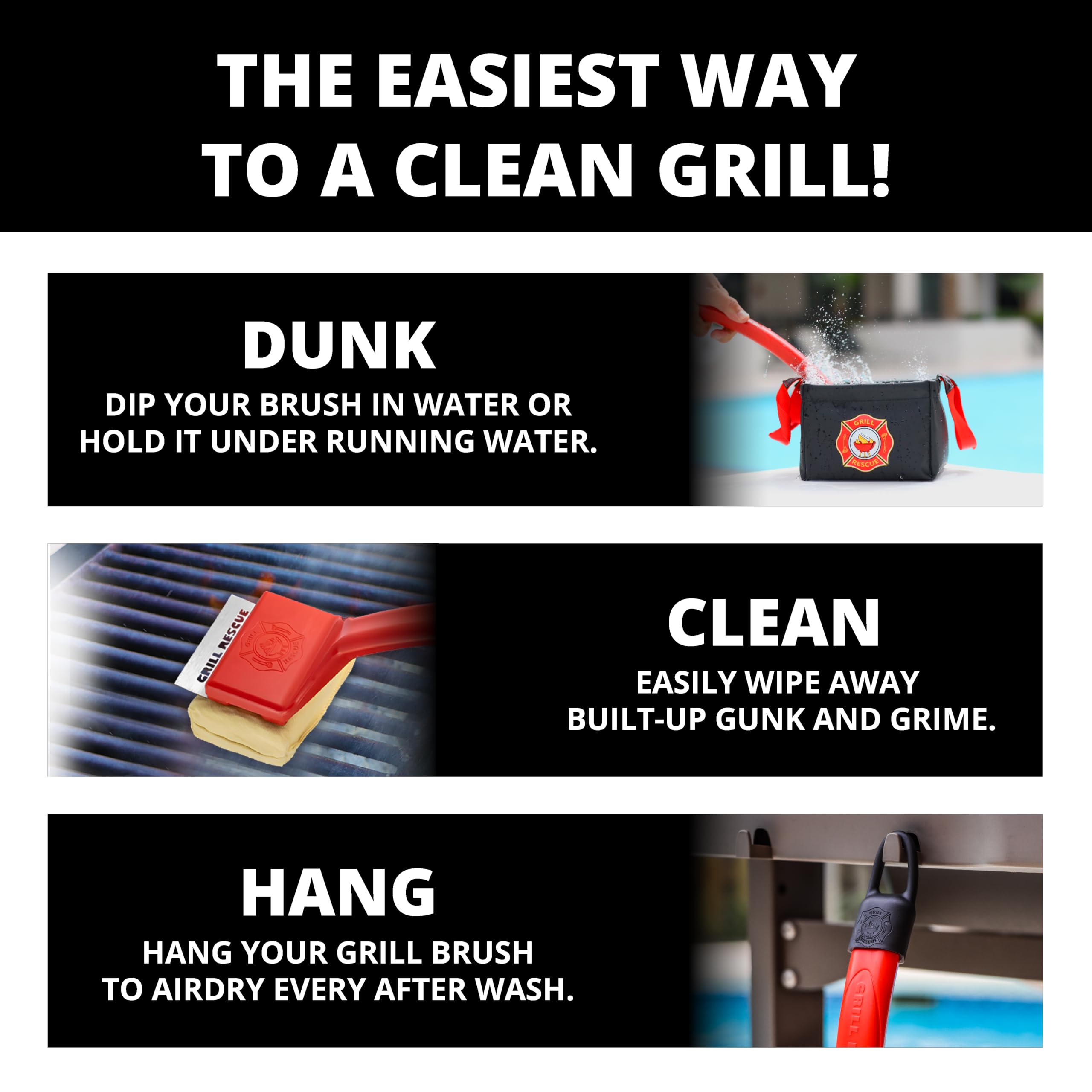 Grill Rescue built-in hanging hook for easy storage on grill.
