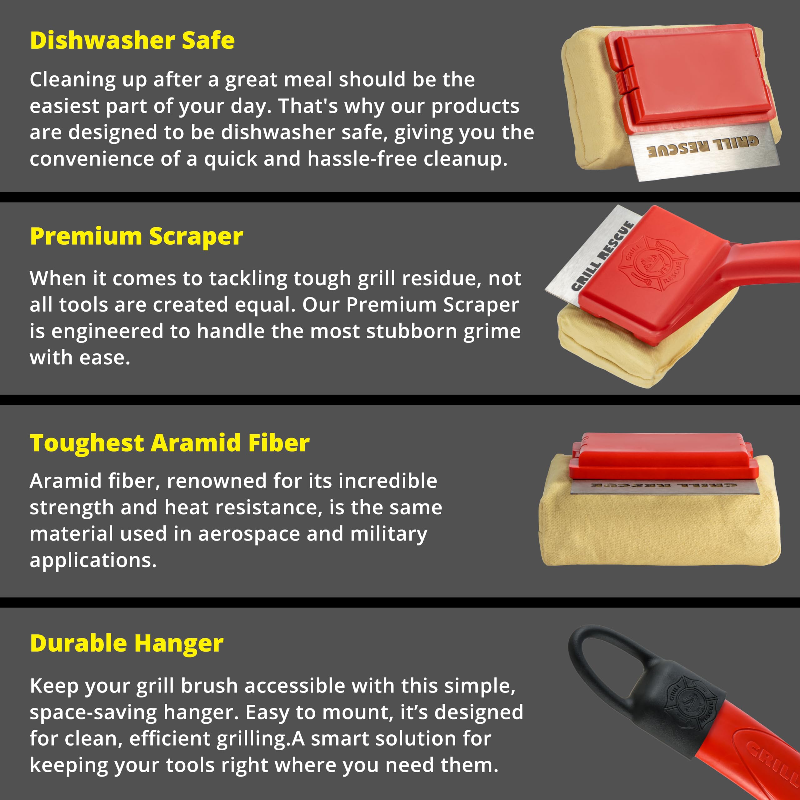 Grill Rescue heat-resistant handle ensures secure grip during scrubbing.