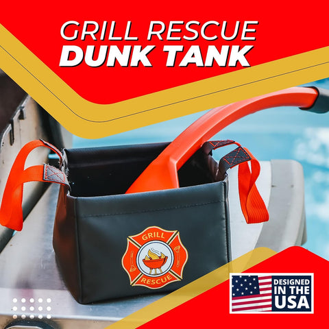 Grill Rescue water bucket dunk demonstrates steam-cleaning readiness after cooking.