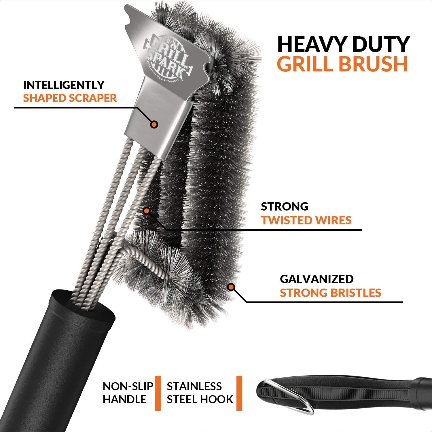Grill Spark 18-inch brush scraper end to tackle stubborn residue quickly.
