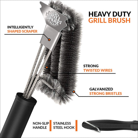 Grill Spark 18-inch brush scraper end to tackle stubborn residue quickly.