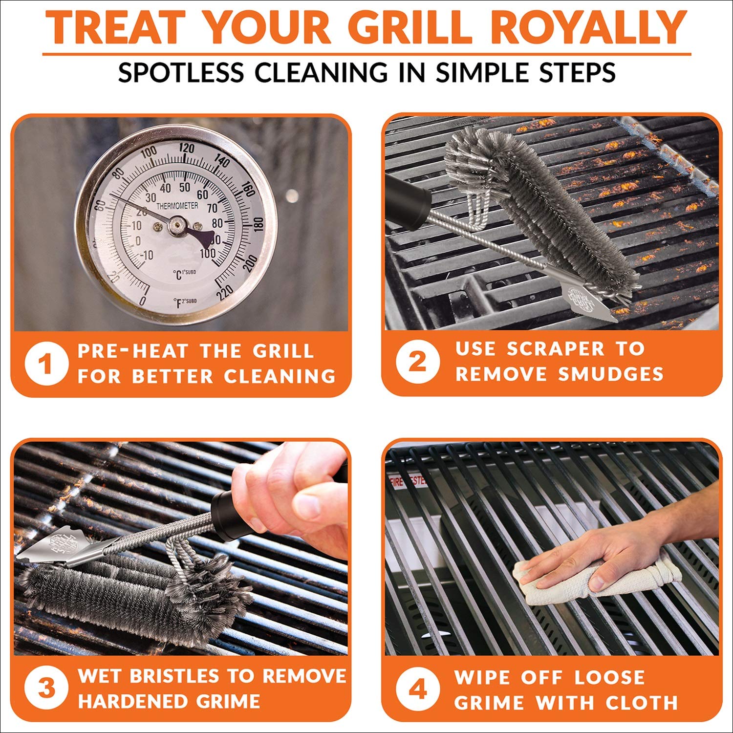 Grill Spark 18-inch brush rust-resistant stainless steel ensures durability.