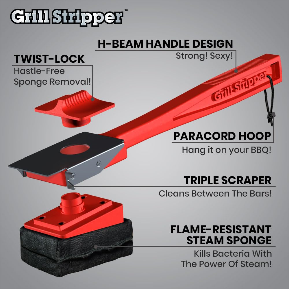 Close-up of triple scraper removing carbon from grill grates