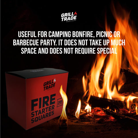 Grill Trade Fire Starters packaging highlights compact, travel-friendly design for on-the-go fires.